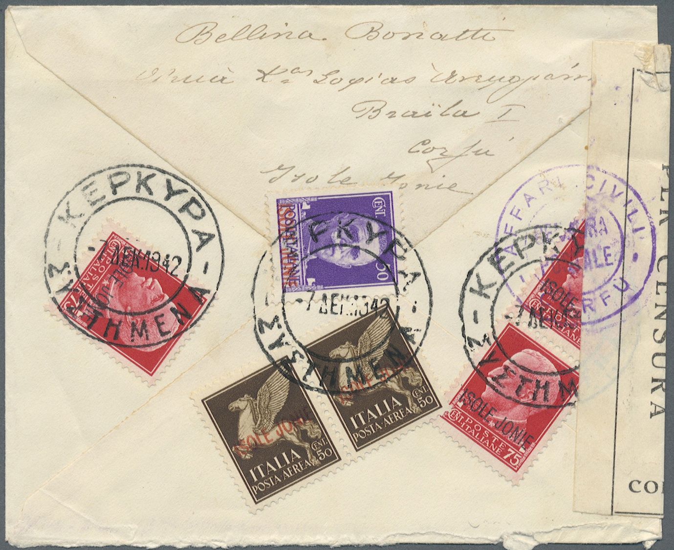 Br Ionische Inseln: 1942 - OCCUPATION OF CORFU: Registered Air Mail Envelope Addressed To Athens Bearing Italian - Ionian Islands