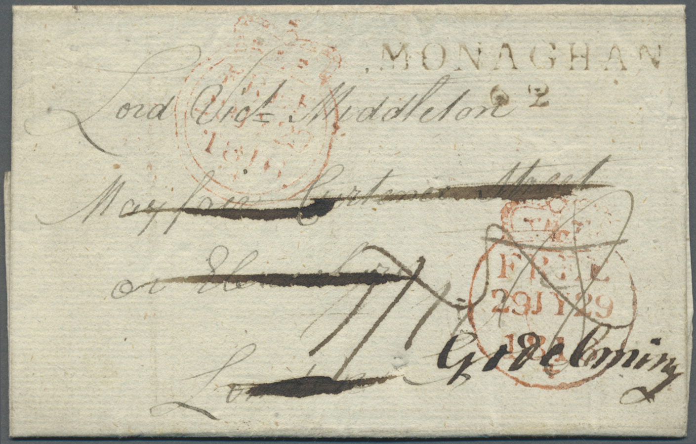 Br Irland - Vorphilatelie: 1816, Entire To London Charged 1/11 In Manuscript MONAGHAN 62 Milage Mark. Plus An Ent - Prephilately