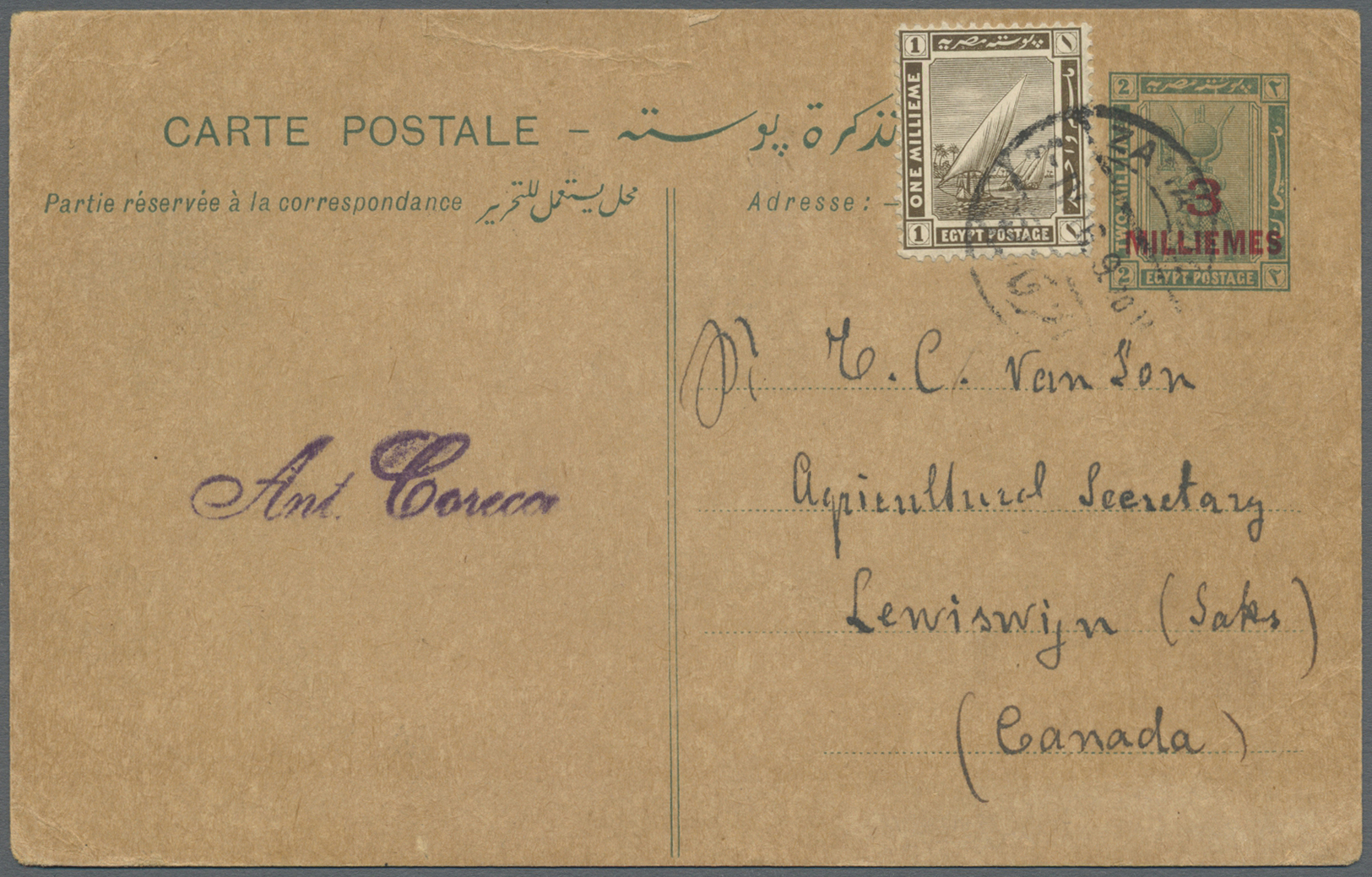 GA Ägypten - Ganzsachen: 1916 Postal Stationery Card 3m. On 2m. Used From Zagazig To Lewiswyn In CANADA, Uprated For For - Other & Unclassified