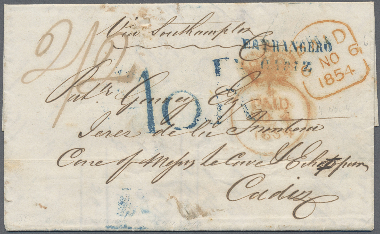 Br Irland: 1854. Stampless Envelope Written From Dublin Dated '4th Nov 1854' Addressed To Jerez De La Frontera Ca - Lettres & Documents