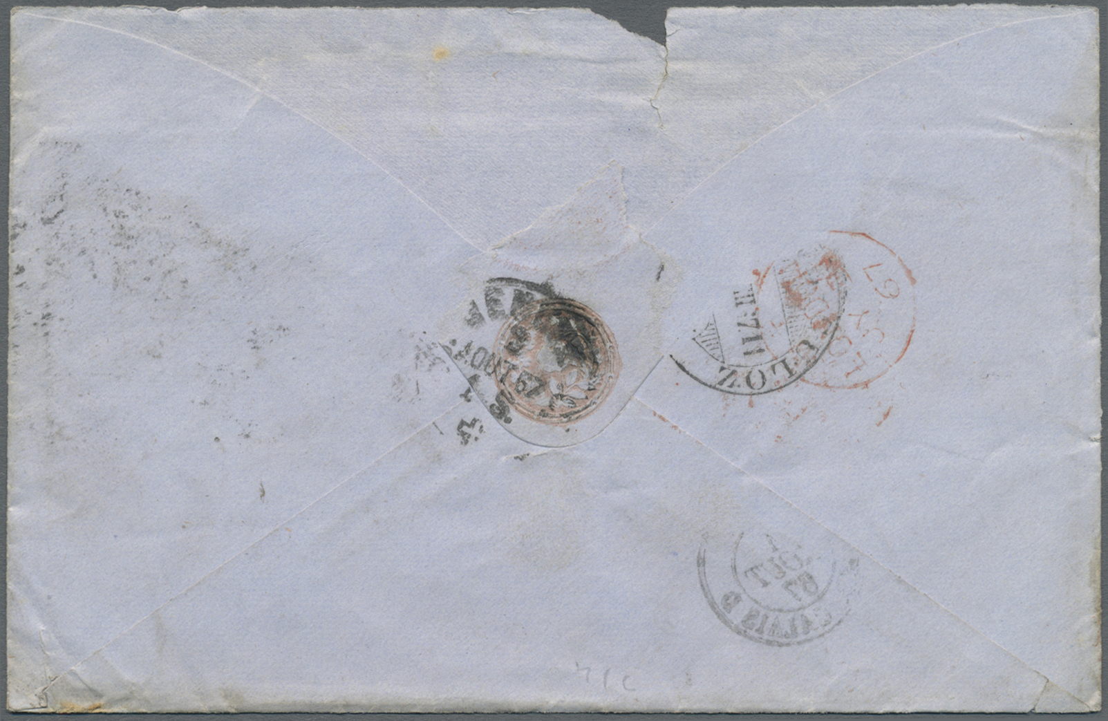 GA Irland: 1867. Postal Stationery Envelope 1d Pink (faults,tears) Upgraded With SG 43, 1d Rose/red And SG 94, 4d - Covers & Documents