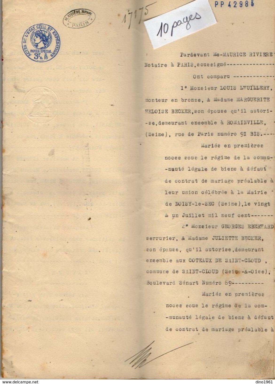 VP10.831 - PARIS - Acte De 1925 - Quittance Par BECKER à PACAUD Pavillon D'Habitation Sis à NOISY LE SEC - Collections