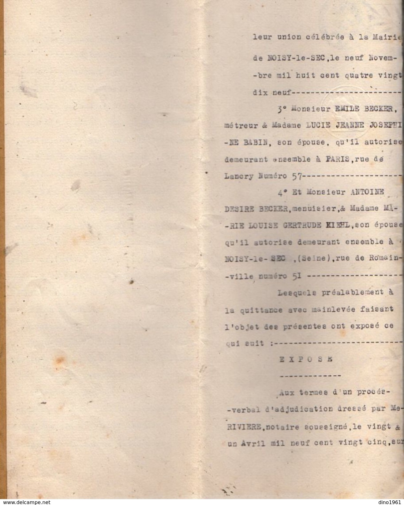 VP10.831 - PARIS - Acte De 1925 - Quittance Par BECKER à PACAUD Pavillon D'Habitation Sis à NOISY LE SEC - Collections