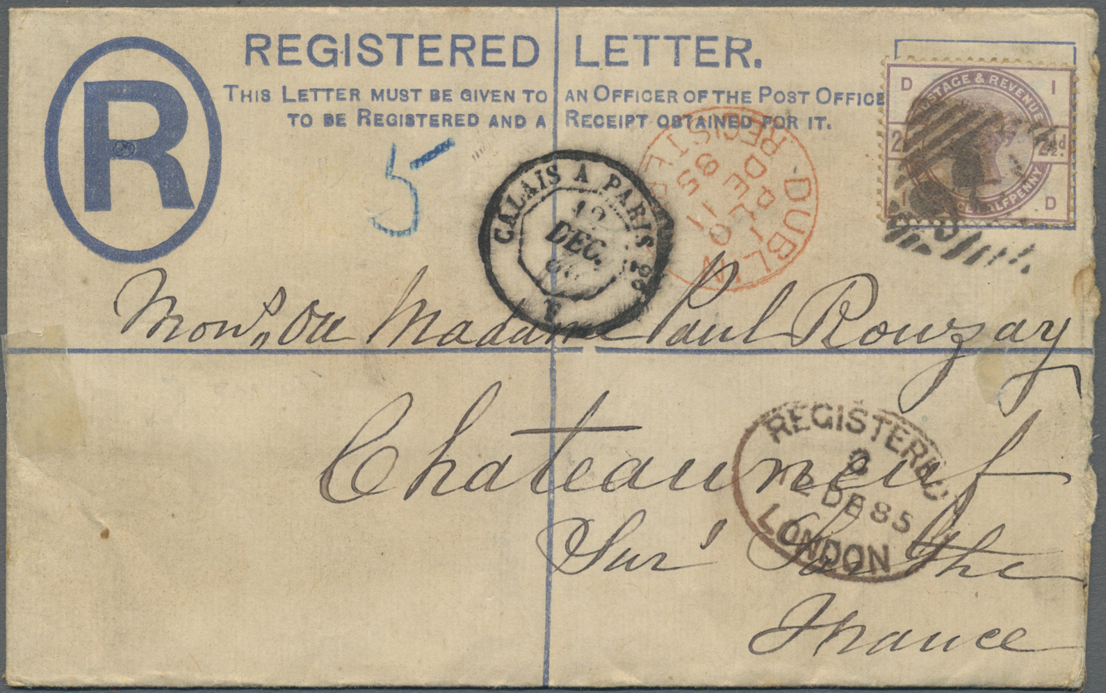 GA Irland: 1885. Registered Postal Stationery Envelope Two Pence Blue Upgraded With Great Britain SG 190, 2½d Lil - Lettres & Documents