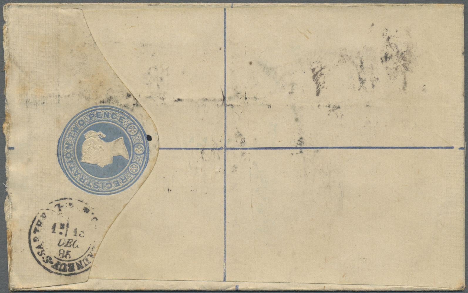 GA Irland: 1885. Registered Postal Stationery Envelope Two Pence Blue Upgraded With Great Britain SG 190, 2½d Lil - Lettres & Documents