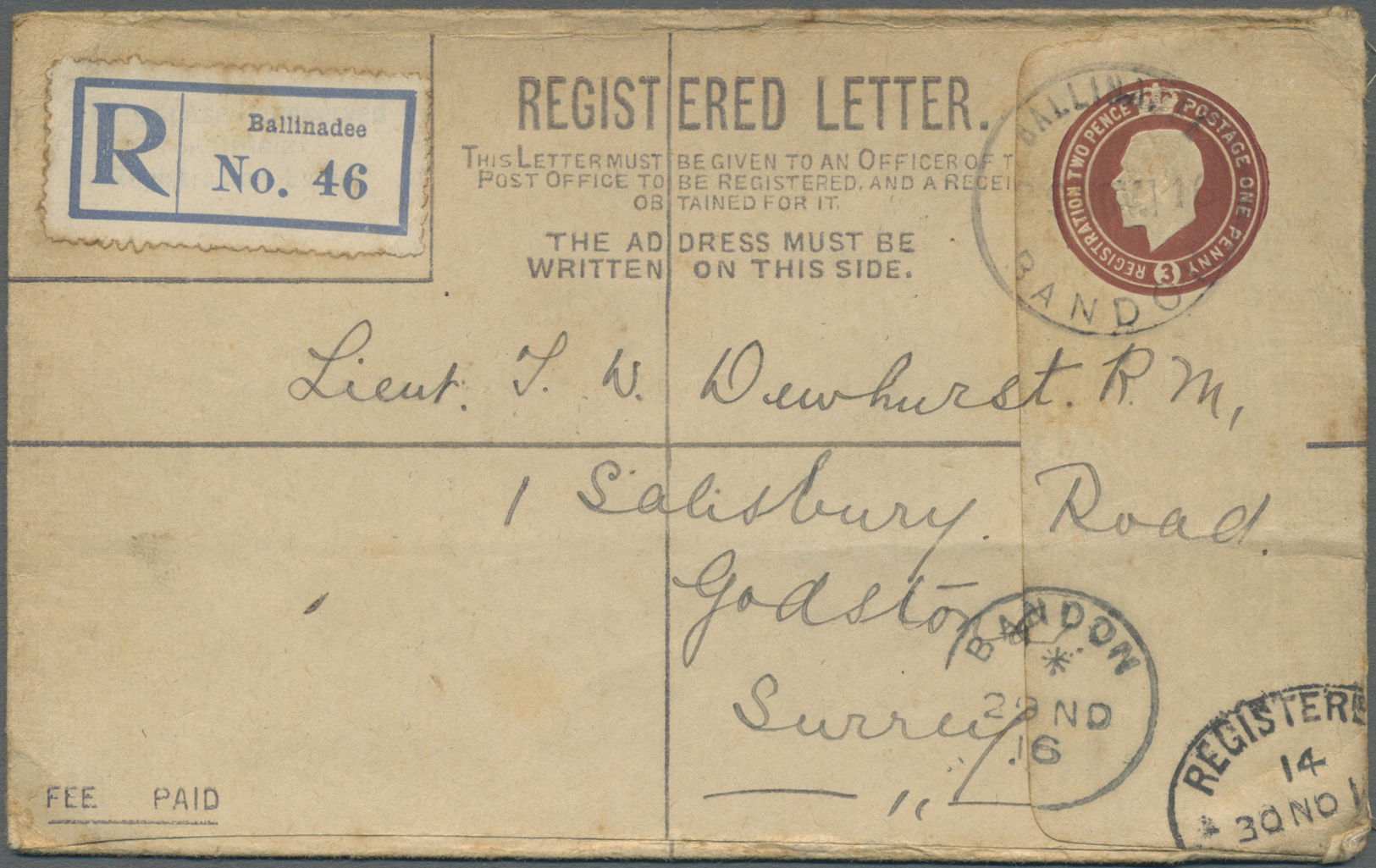 GA Irland: 1916. Great Britain Registered Postal Stationery Envelope 3d Brown (tropical) Cancelled By Bollinadee/ - Covers & Documents