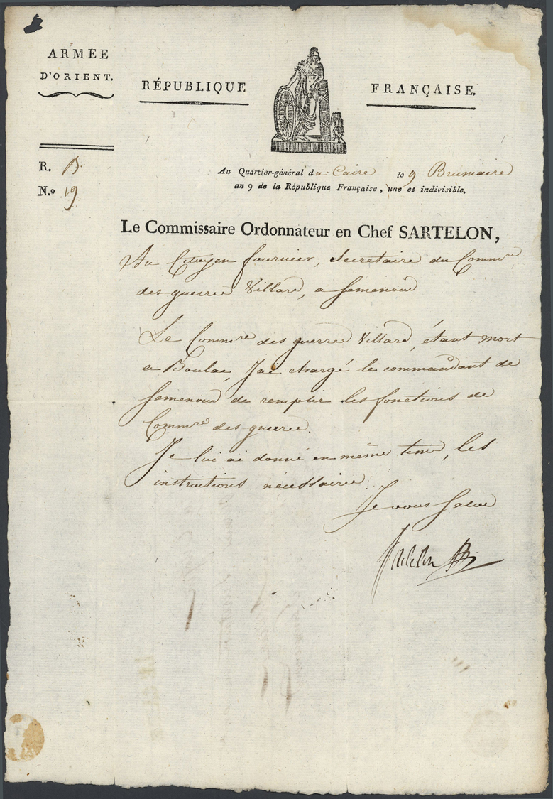 Br Ägypten - Besonderheiten: 1800 -FRENCH CAMPAIGN IN EGYPT. Envelope Headed 'Le Commissaire Ordonnateur En Chef Sartelo - Other & Unclassified