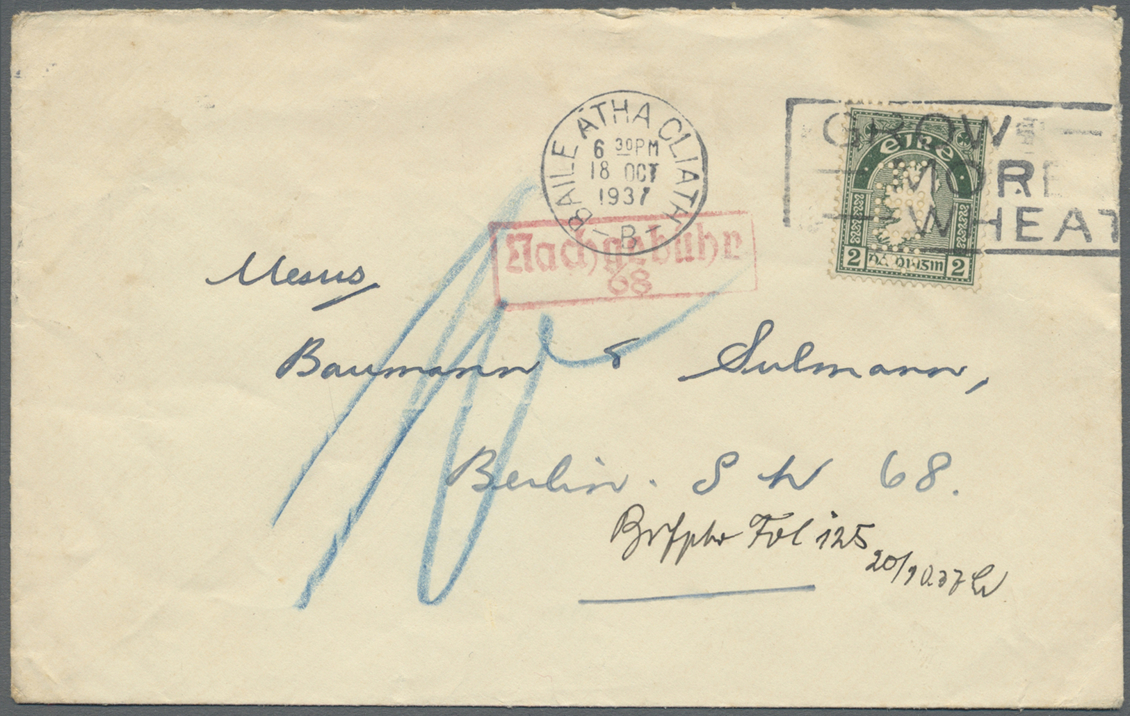 Br Irland: 1937, Business Letter With 2 D Definitive And Irish Post Mark BAILE ATHA CLIATH (Dublin) With Perforat - Lettres & Documents