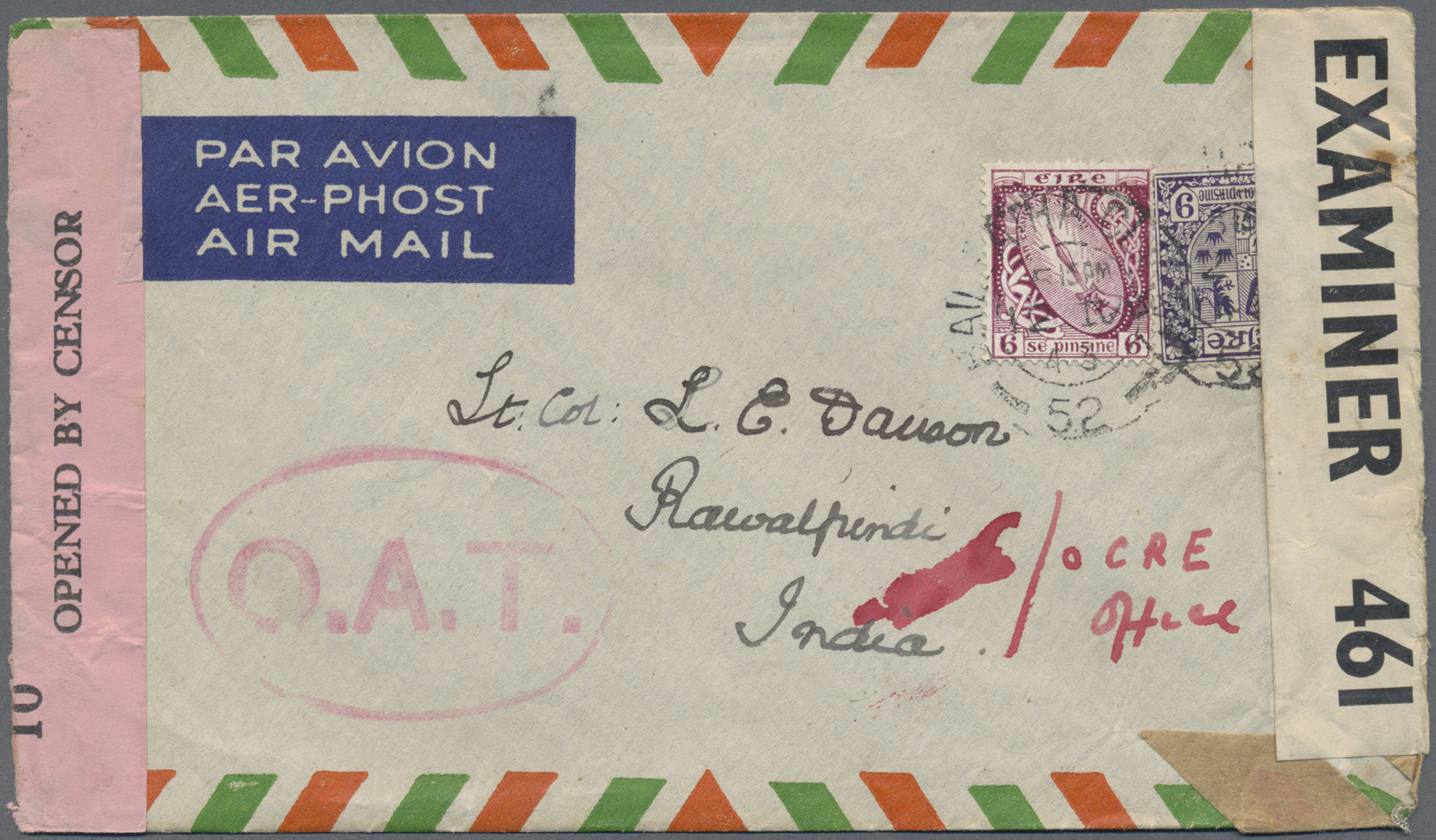 Br Irland: 1942. Air Mail Envelope Addressed To India Bearing SG 119, 6d Claret And SG 120, 9d Violet Tied By Dub - Lettres & Documents