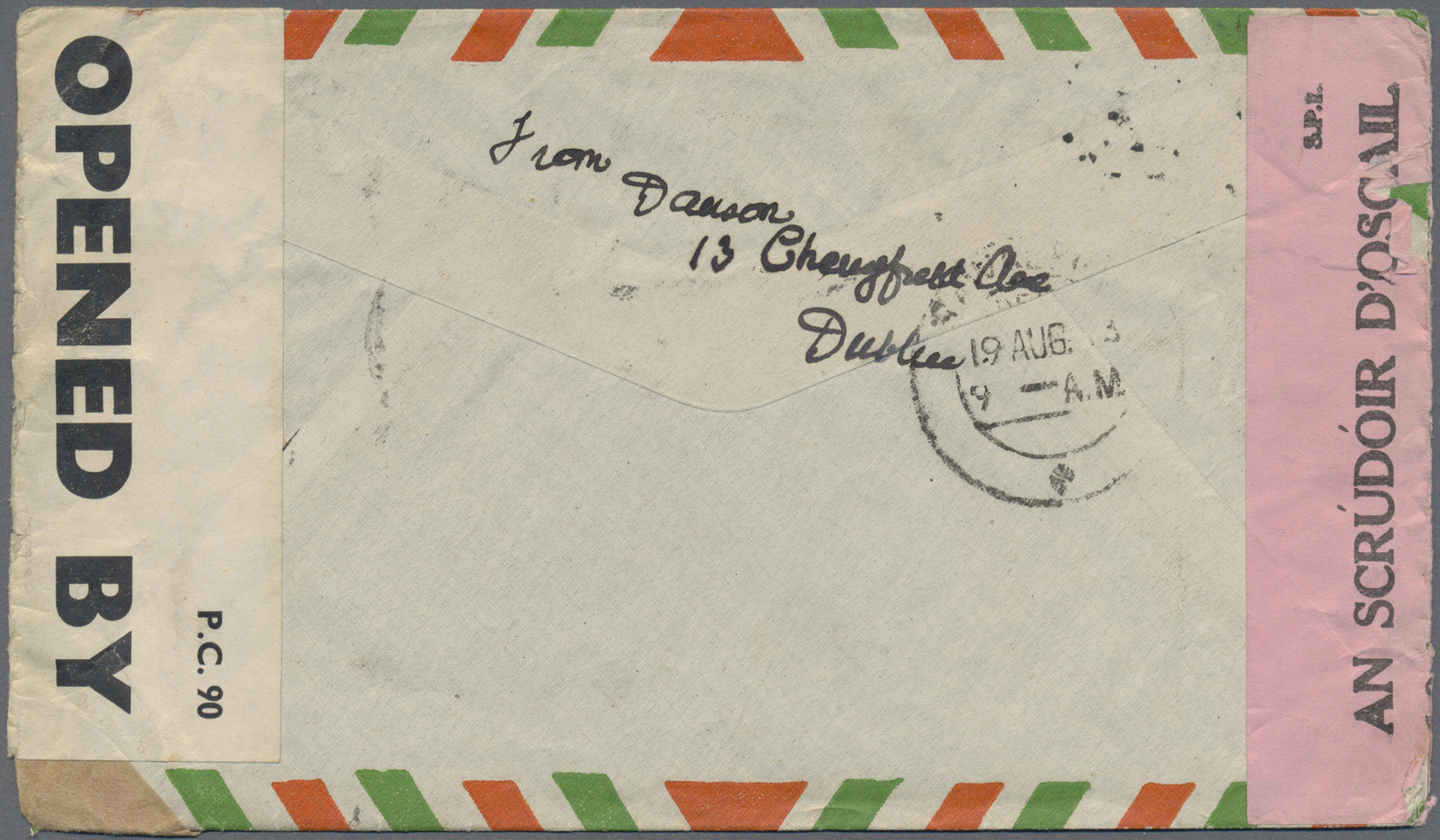 Br Irland: 1942. Air Mail Envelope Addressed To India Bearing SG 119, 6d Claret And SG 120, 9d Violet Tied By Dub - Covers & Documents