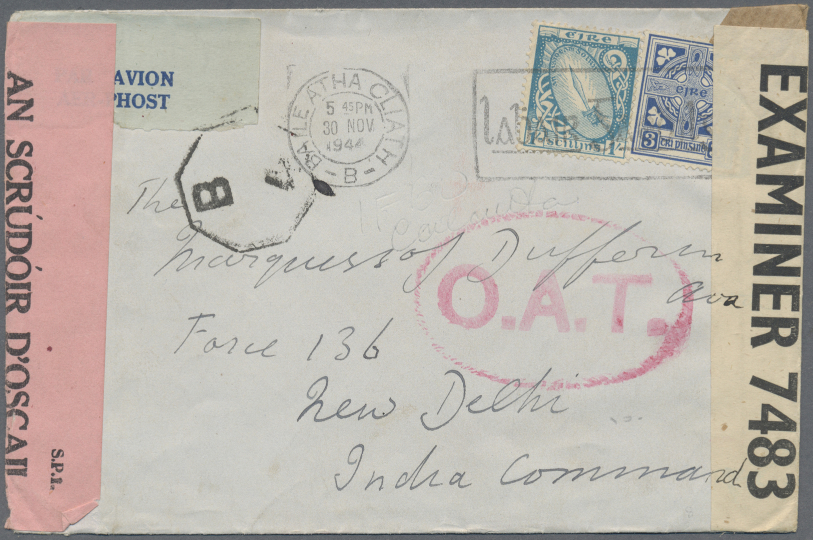 Br Irland: 1944. Air Mail Envelope Addressed To Lndia Bearing SG 116, 3d Blue And SG 112, 1s Turquoise Tied By Ga - Lettres & Documents