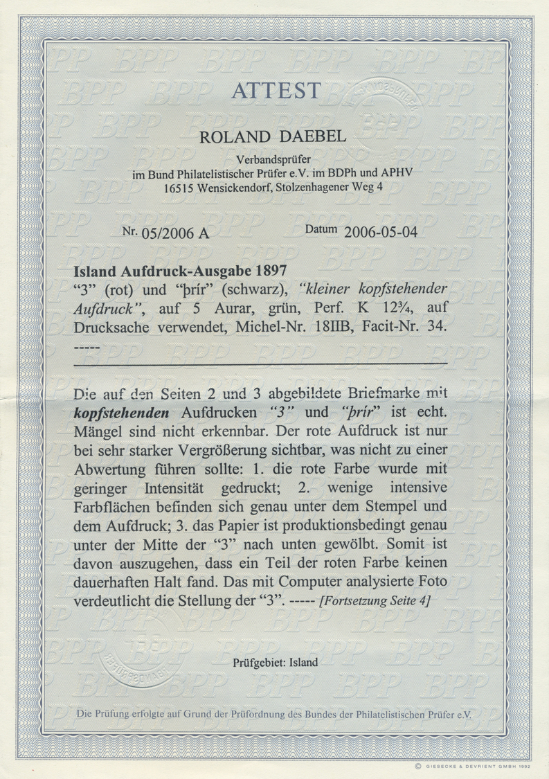 Br Island: 1897, "3" In Rot Und KOPFSTEHEND "prir" Kleinerer Lokalaufdruck In Schwarz Auf 5 A Grün, Gez. K 12 ¾ A - Other & Unclassified
