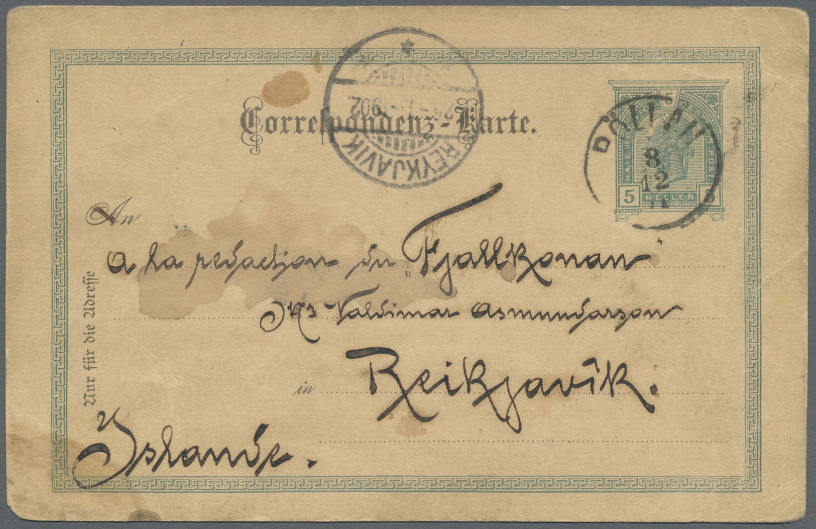 GA Island: 1901. Austrian Postal Stationery Card 5h Green (stains) Cancelled By Pollan Date Stamp, Addressed To R - Autres & Non Classés