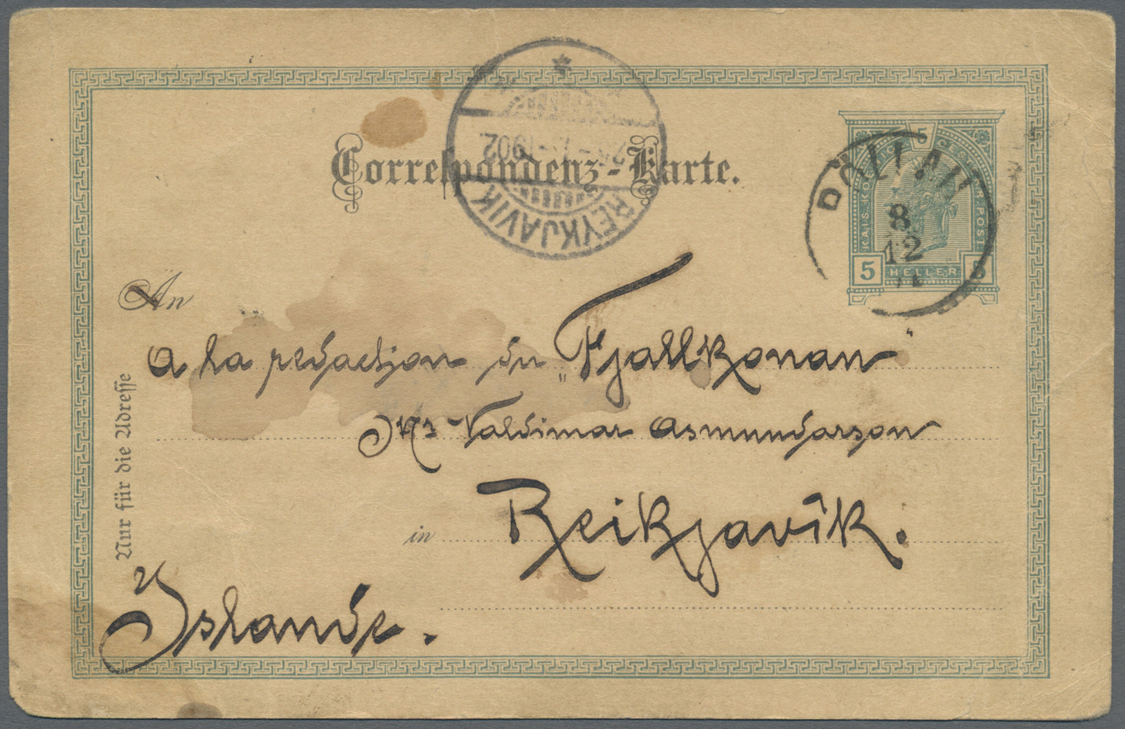 GA Island: 1901. Austrian Postal Stationery Card 5h Green (stains) Cancelled By Pollan Date Stamp, Addressed To R - Sonstige & Ohne Zuordnung