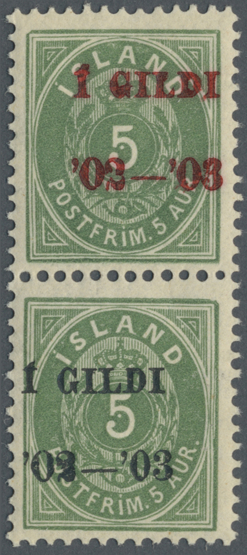 ** Island: 1902, Gildi Overprints, 5a. Green, Perf. 12¾, Vertical Pair, Top Stamp With RED Overprint, Lower Stamp - Autres & Non Classés