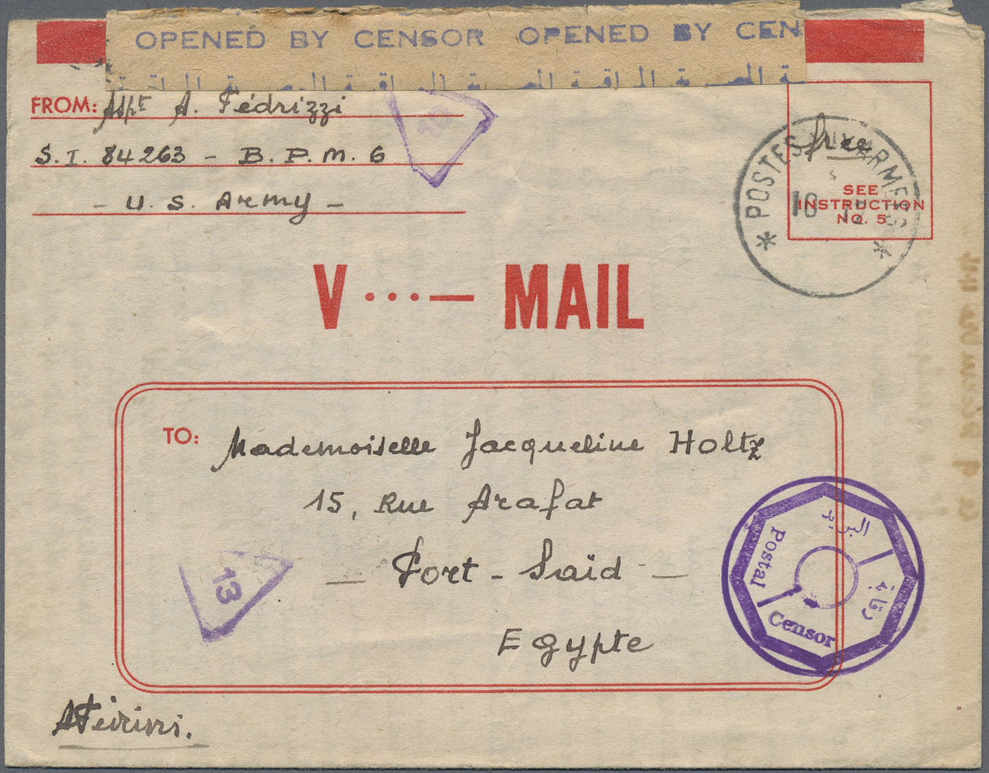 Br Ägypten - Besonderheiten: 1944. V. Mail Envelope Written From An Egyptian In The 'B.P.M. 6/U.S. Army' Addressed To Po - Other & Unclassified