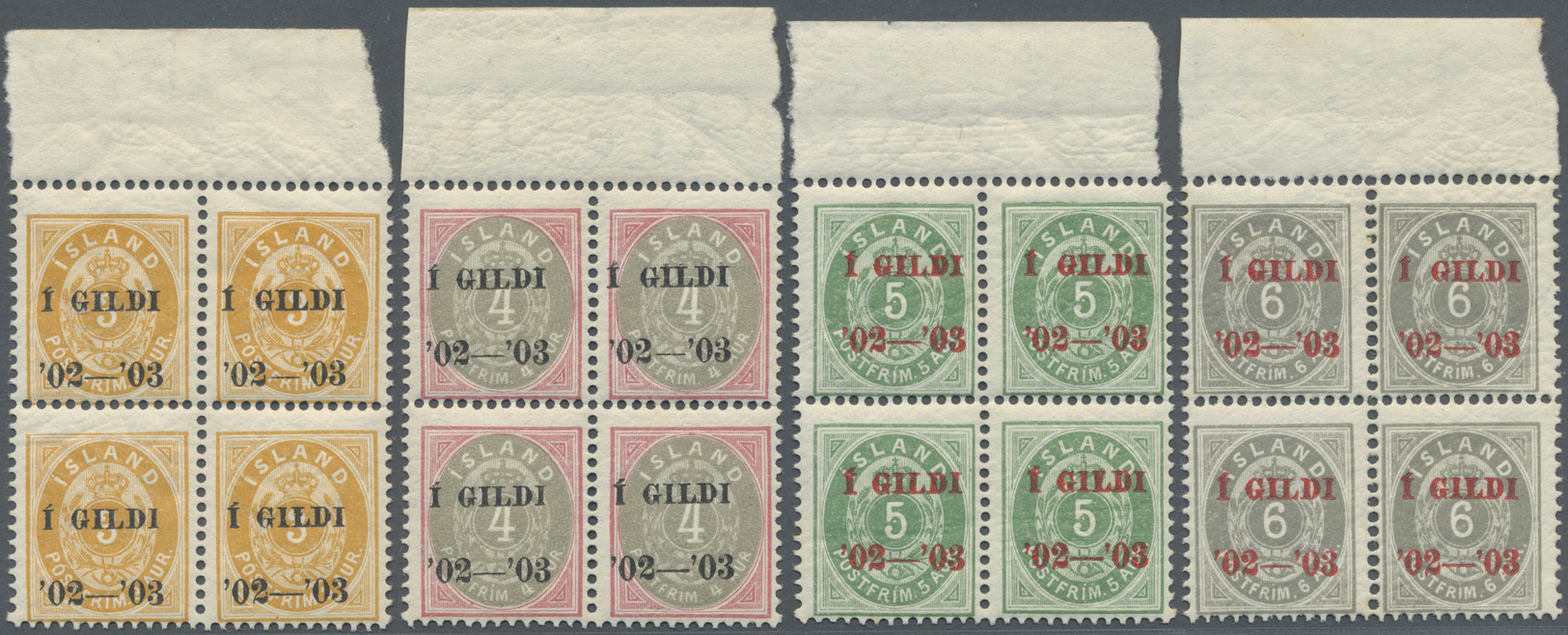 ** Island: 1904, Berne Printings, 3a. To 100a., Complete Set Of Ten Values, Top Marginal Bocks Of Four, Bright Co - Altri & Non Classificati