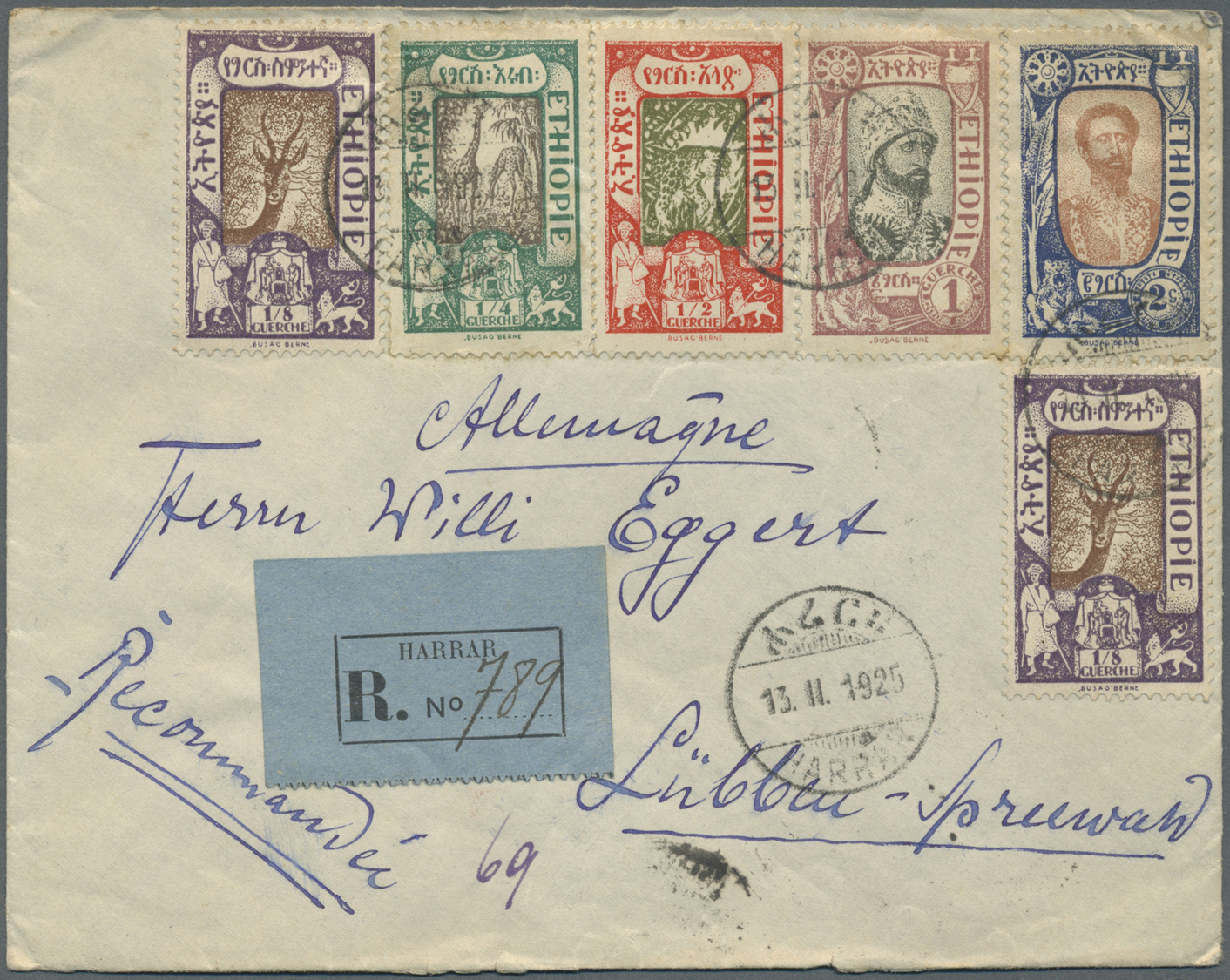 Br Äthiopien: 1925, 1/8 G To 2 G On Registered Letter Sent From "HARRAR 13.2.1925" To Lübbenau, Germany With Arrival 3.3 - Ethiopia