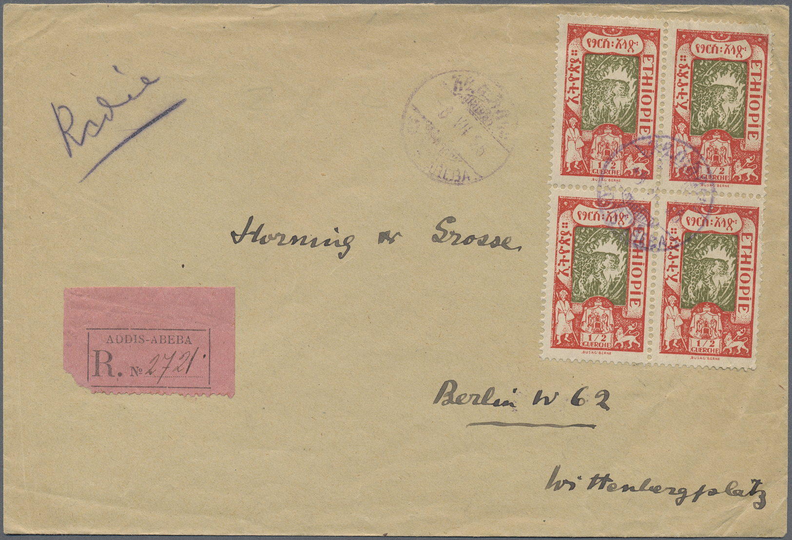 Br Äthiopien: 1925. Registered Envelope Addressed To Germany Bearing Yvert 119, ½g Vermilion And Olive (8) Tied By Addis - Ethiopia