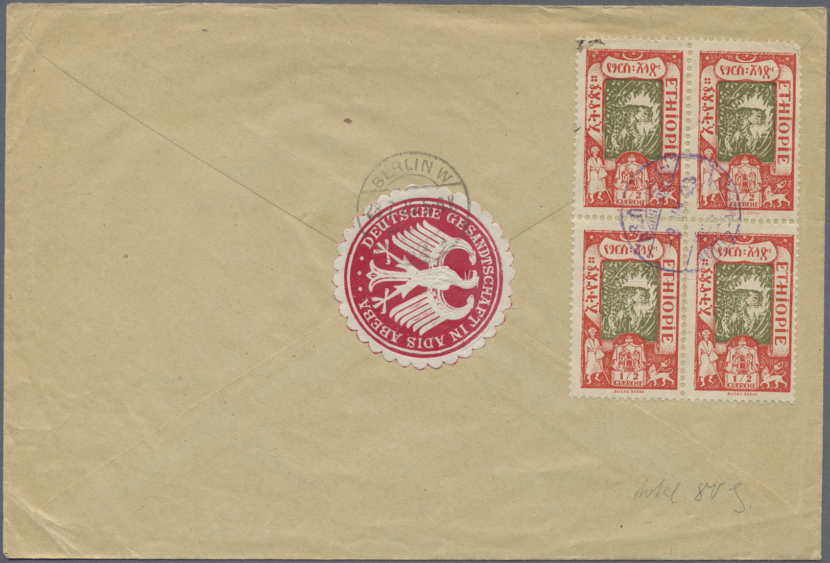 Br Äthiopien: 1925. Registered Envelope Addressed To Germany Bearing Yvert 119, ½g Vermilion And Olive (8) Tied By Addis - Ethiopia
