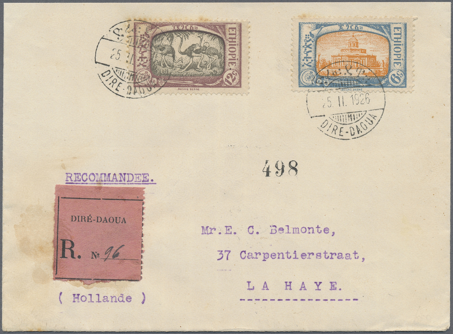 Br Äthiopien: 1926. Registered Envelope Addressed To The Netherlands Bearing Yvert 123, 6g Blue And Orange And Yvert 125 - Ethiopia