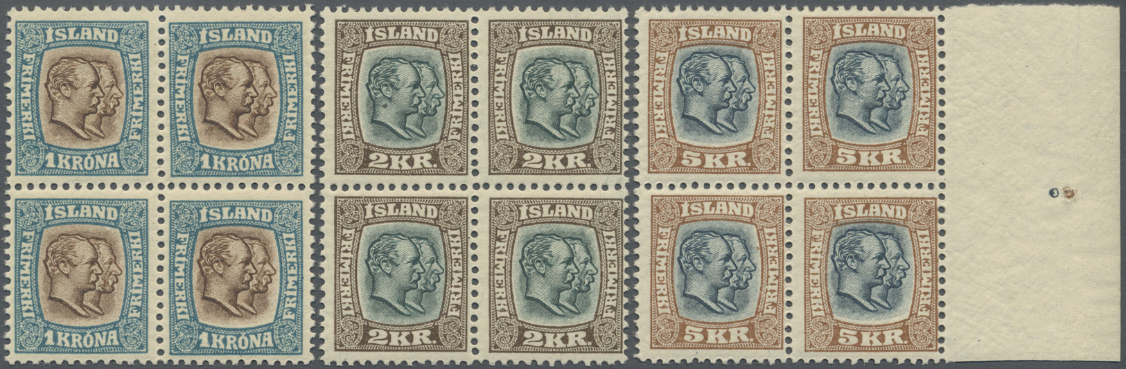 ** Island: 1907, Definitives Frederik/Christian, 1kr., 2kr. And 5kr., The Three Top Values Each As Block Of Four, - Autres & Non Classés