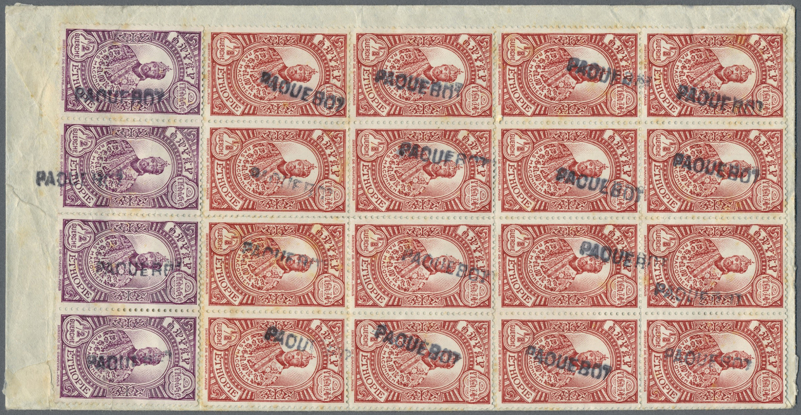 Br Äthiopien: 1934, 1/8 G. (block-16), 1/2 G. (strip-4) On Reverse With Air Mail 2 G. Each Tied S. L. "PAQUEBOT" W. "DJI - Ethiopia