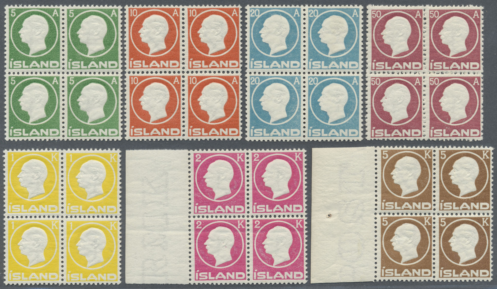 ** Island: 1912, Definitives Frederik, 5a. To 5kr., Complete Set Of Seven Values As Blocks Of Four, Bright Colour - Other & Unclassified