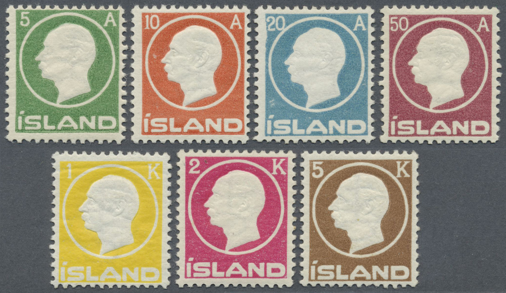 ** Island: 1912, Defnitives Frederik, 5a. To 5kr., Complete Set Of Seven Values (20a. Showing Distinctively Damag - Autres & Non Classés