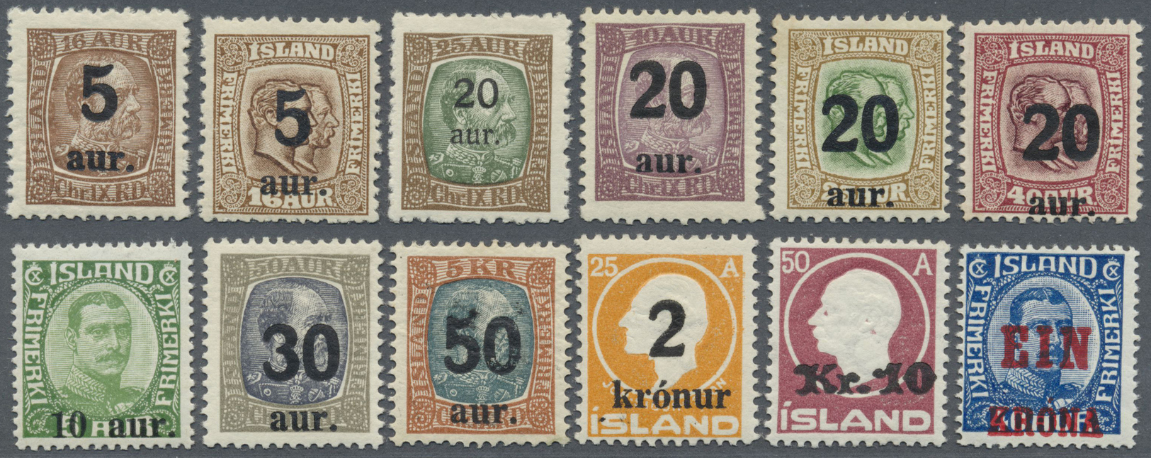 ** Island: 1921/1926, Revaluation Overprints, Twelve Different Values, Unmounted Mint, Unsigned (Facit 98/102, 10 - Other & Unclassified