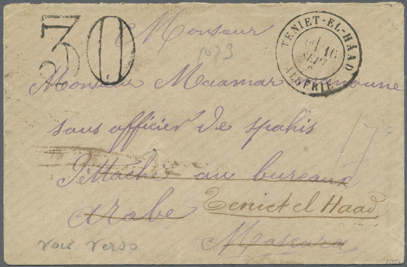 Br Algerien: 1880. Stampless Envelope To French Army Officer Cancelled By Teniet-EI-Haad Double Ring Charged With Hand-s - Algeria (1962-...)