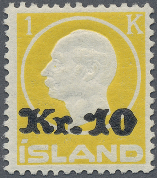 ** Island: 1924, 10 Kr. Auf 1 Kr. Gelb, Tadellos Postfrisch, Signiert, Mi. 900,- € - Other & Unclassified