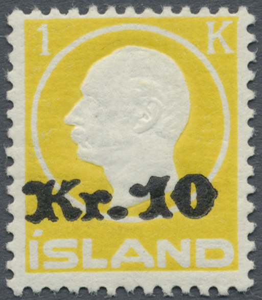 ** Island: 1924, Freimarke Mit Aufdruck 10 Kr. Auf 1 Kr. Gelb, Tadellos Postfrisch, Mi. 900,- €. - Autres & Non Classés