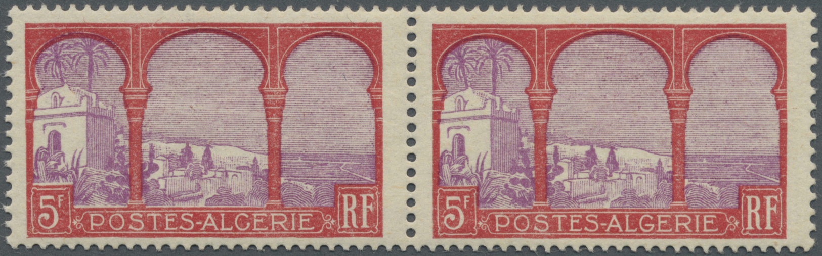 ** Algerien: 1926, 5fr. Red/violet, Horiz. Pair, Left Stamp Showing Variety "ALCERIE", Unmounted Mint. Maury 56c - Algeria (1962-...)