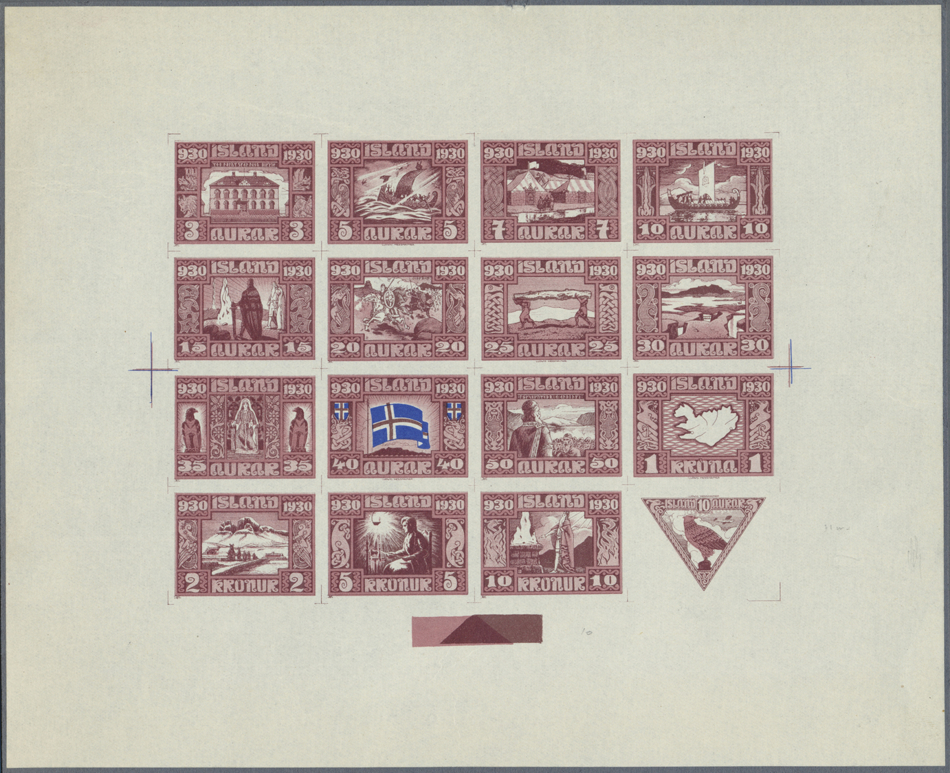 Island: 1930, Composite Die Proof Sheet In Dark Violett Of Complete Set Of 16 Values With All 3 Plates And Fla - Other & Unclassified