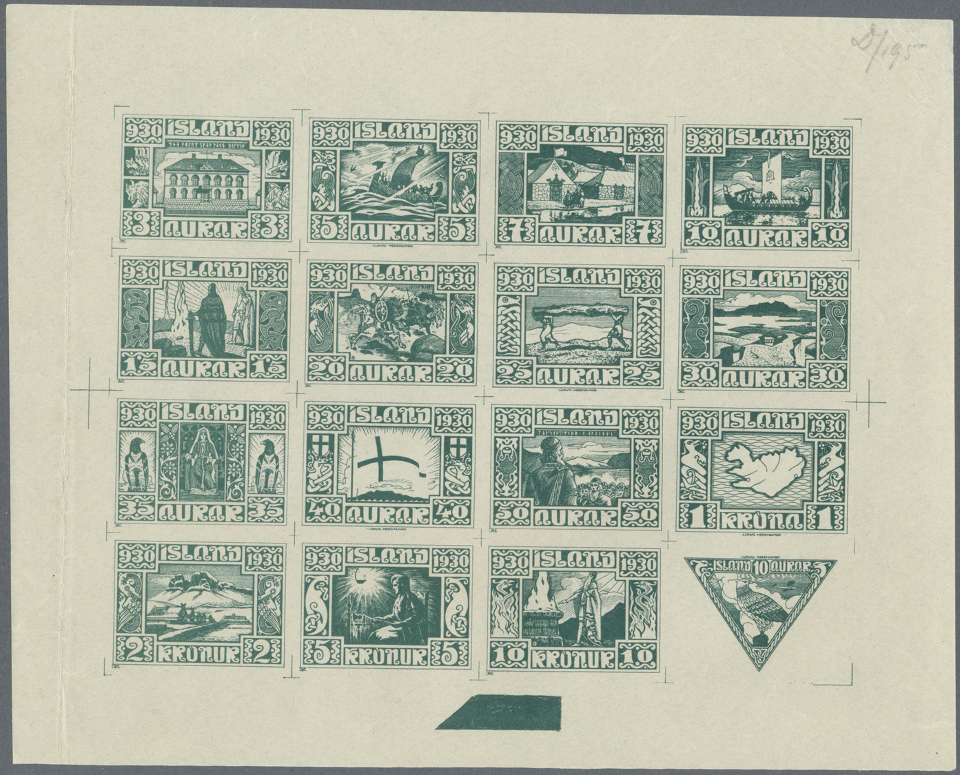 ** Island: 1930, Composite Die Proof Sheet In Dark Olive Green Of Design Plate Only Of The Complete Set Of 16 Val - Autres & Non Classés