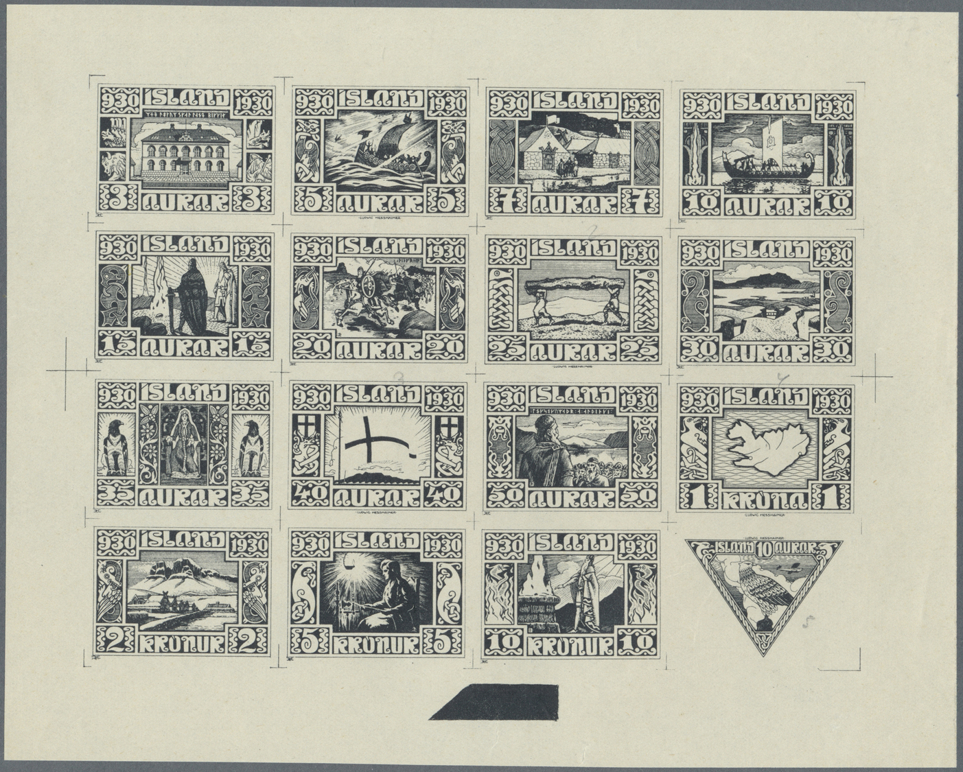 ** Island: 1930, Composite Die Proof Sheet In Black Of Design Plate Only Of The Complete Set Of 16 Values On Gumm - Autres & Non Classés