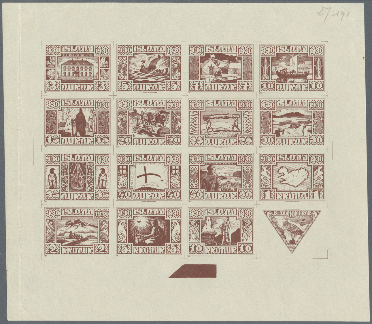 ** Island: 1930, Composite Die Proof Sheet In Dark Brown Of Design Plate Only Of The Complete Set Of 16 Values On - Autres & Non Classés