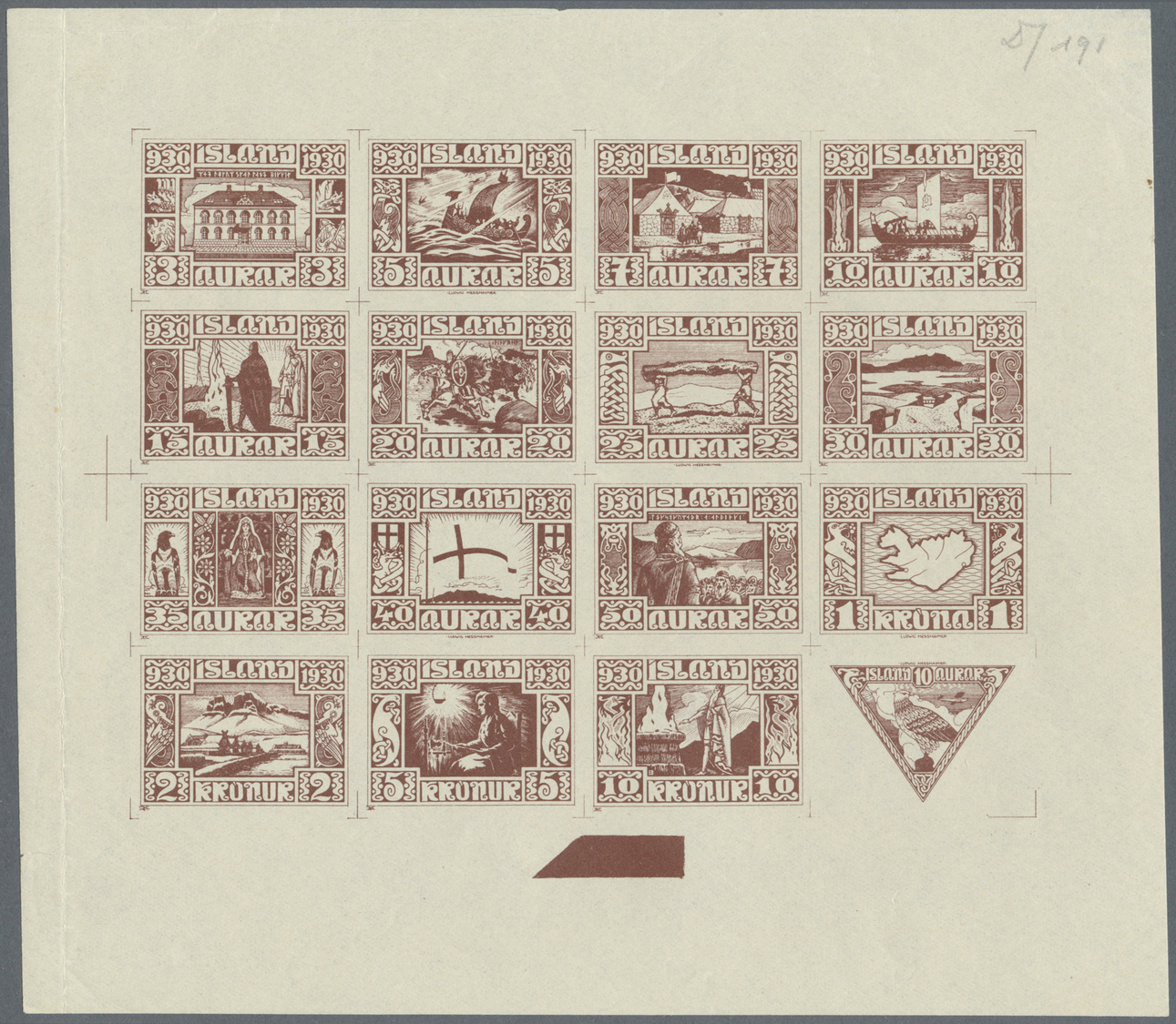 ** Island: 1930, Composite Die Proof Sheet In Dark Brown Of Design Plate Only Of The Complete Set Of 16 Values On - Other & Unclassified