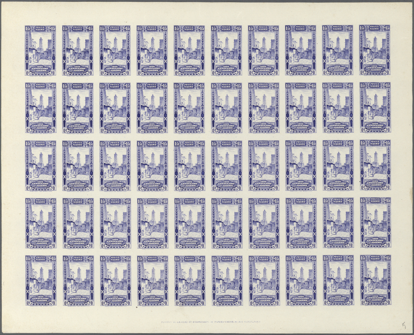 ** Algerien: 1930, 100th Anniversary Of Conquest, 1.50fr. Ultramarine, IMPERFORATE Sheet Of 50 Stamps Unmounted Mint, Wi - Algeria (1962-...)