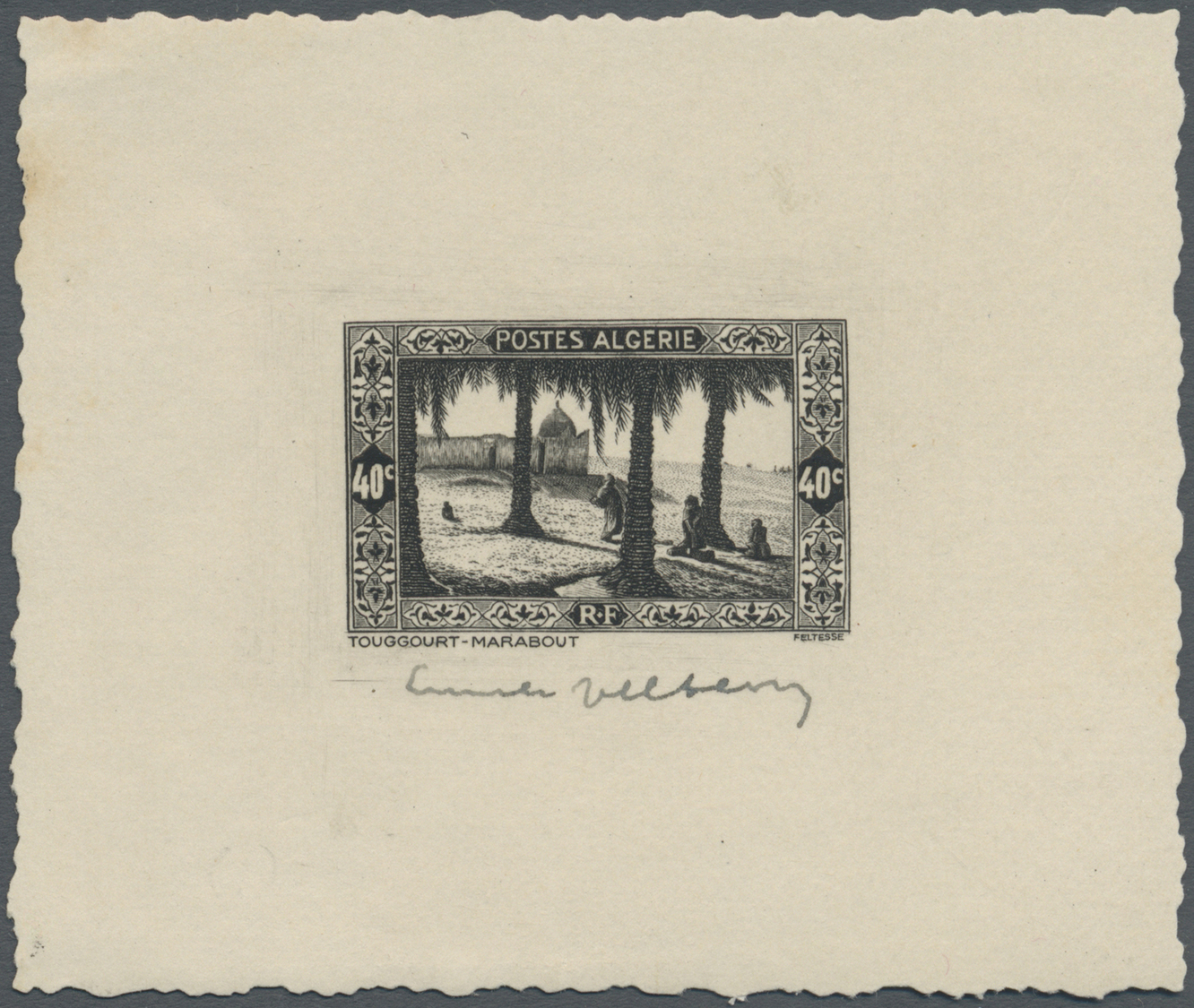 (*) Algerien: 1936, 40c. "Touggourt", Epreuve D'artiste In Black, Sized 7,8:6,5 Cm, With Signature. Maury 111 - Algeria (1962-...)