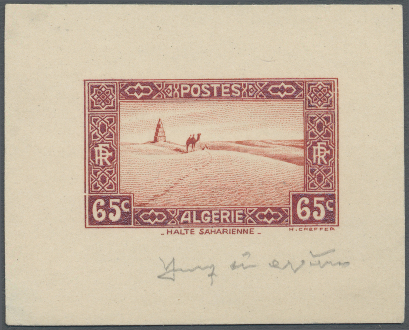 (*) Algerien: 1936, 65c. "Halte Saharienne", Epreuve D'artiste In Issued Colour, Sized 5,6:4,5 Cm, With Signature. Maury - Algérie (1962-...)