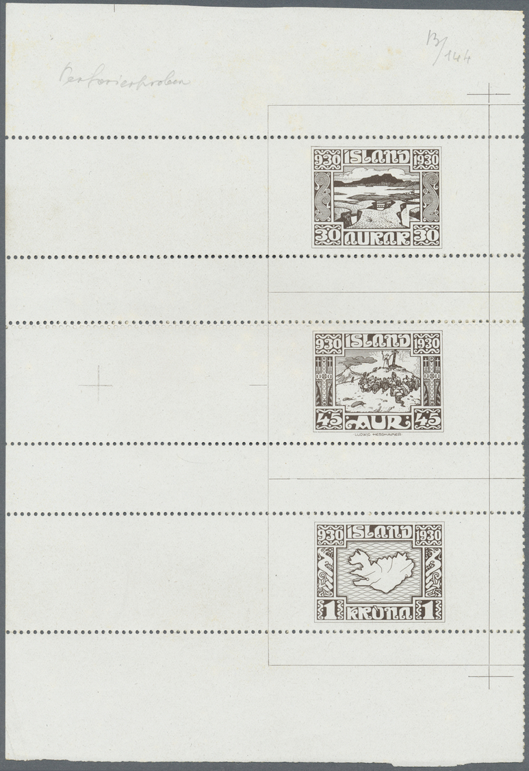 (*) Island: 1930, Cardboard Proof Of Design Plate Of 30 A., The Unisssued 45 A. And The 1 Kr., All In Black On Nor - Autres & Non Classés
