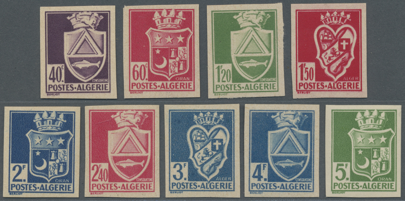 ** Algerien: 1942, Coat Of Arms Nine Different IMPERFORATE Stamps, Mint Never Hinged And Signed Brun - Algeria (1962-...)