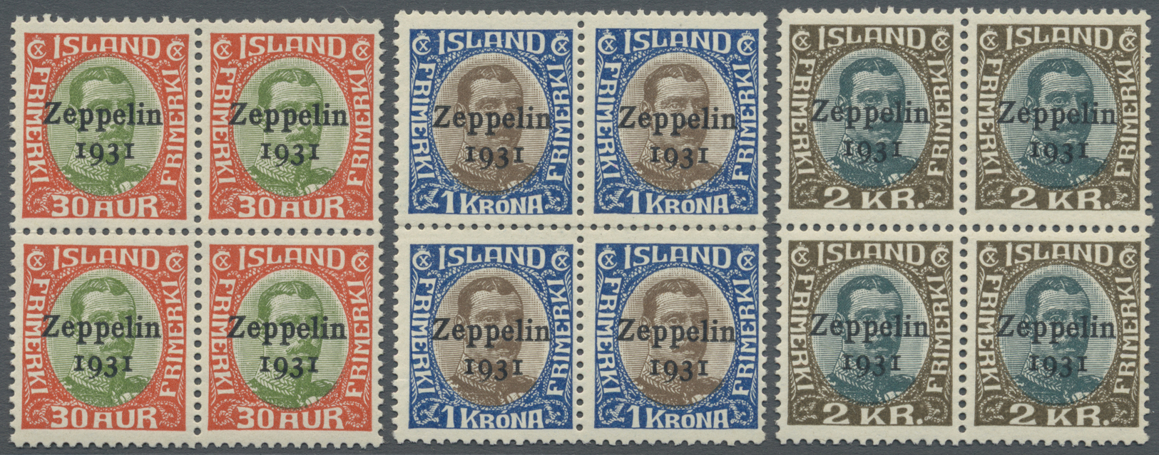 ** Island: 1931, Zeppelin Kompletter Satz In Viererblocks, Postfrisch Und Jeweils Eine Marke Sign., Mi. € 800,-- - Autres & Non Classés