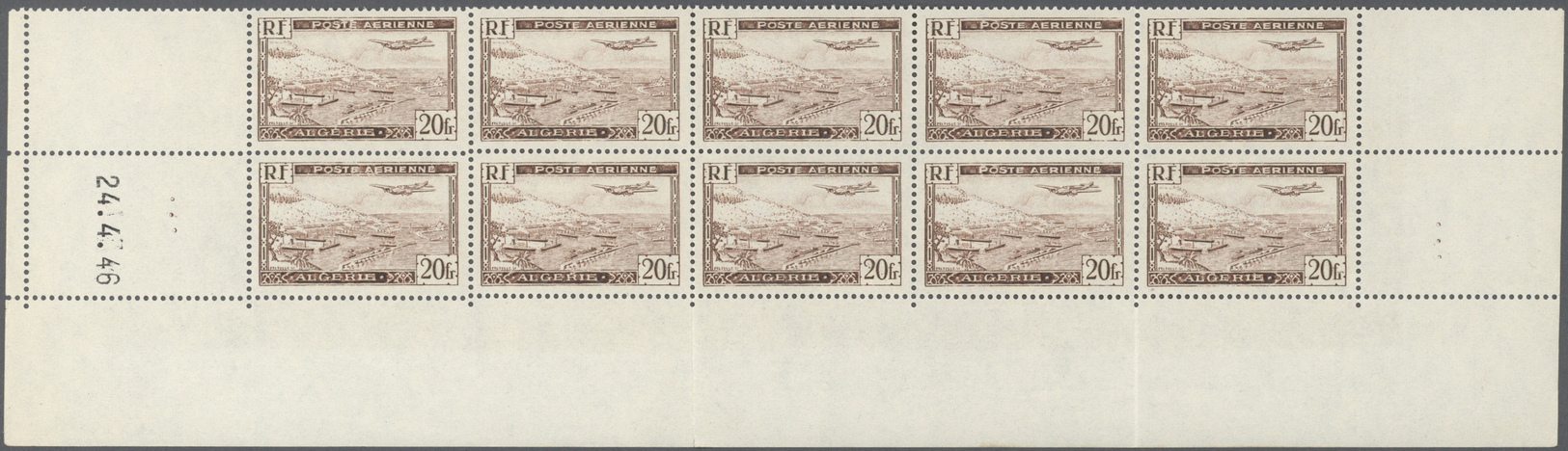 ** Algerien: 1946, 20fr. Airmails, Type I, Marginal Block Of 20 (folded) With Coins Date 24.4.46, Unmounted Mint. Maury  - Algeria (1962-...)
