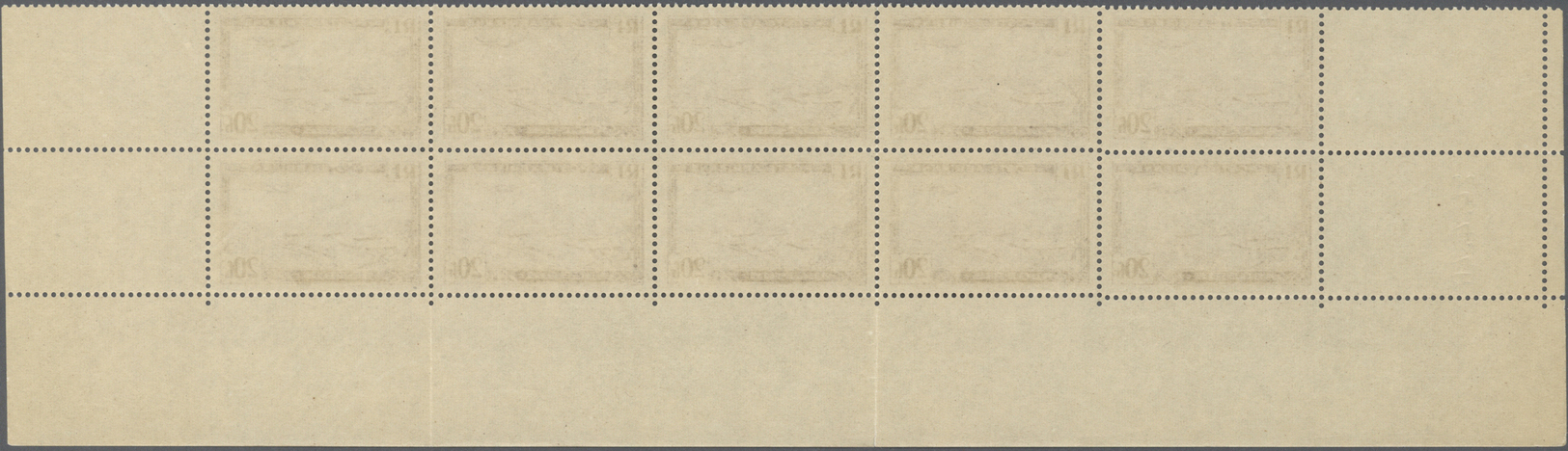 ** Algerien: 1946, 20fr. Airmails, Type I, Marginal Block Of 20 (folded) With Coins Date 24.4.46, Unmounted Mint. Maury  - Algeria (1962-...)