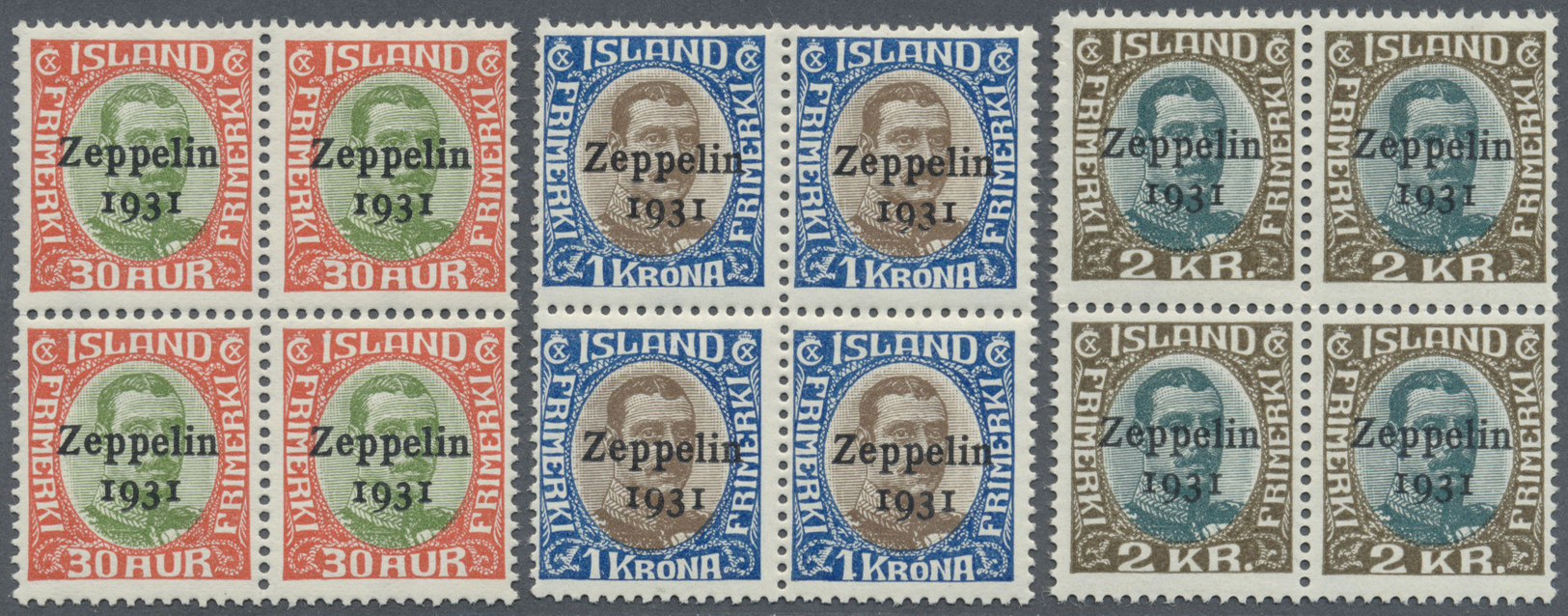 **/* Island: 1931, Airmails Zeppelin, Complete Set As Blocks Of Four, One Stamp Of 1kr. Showing Variety "bulge To T - Autres & Non Classés