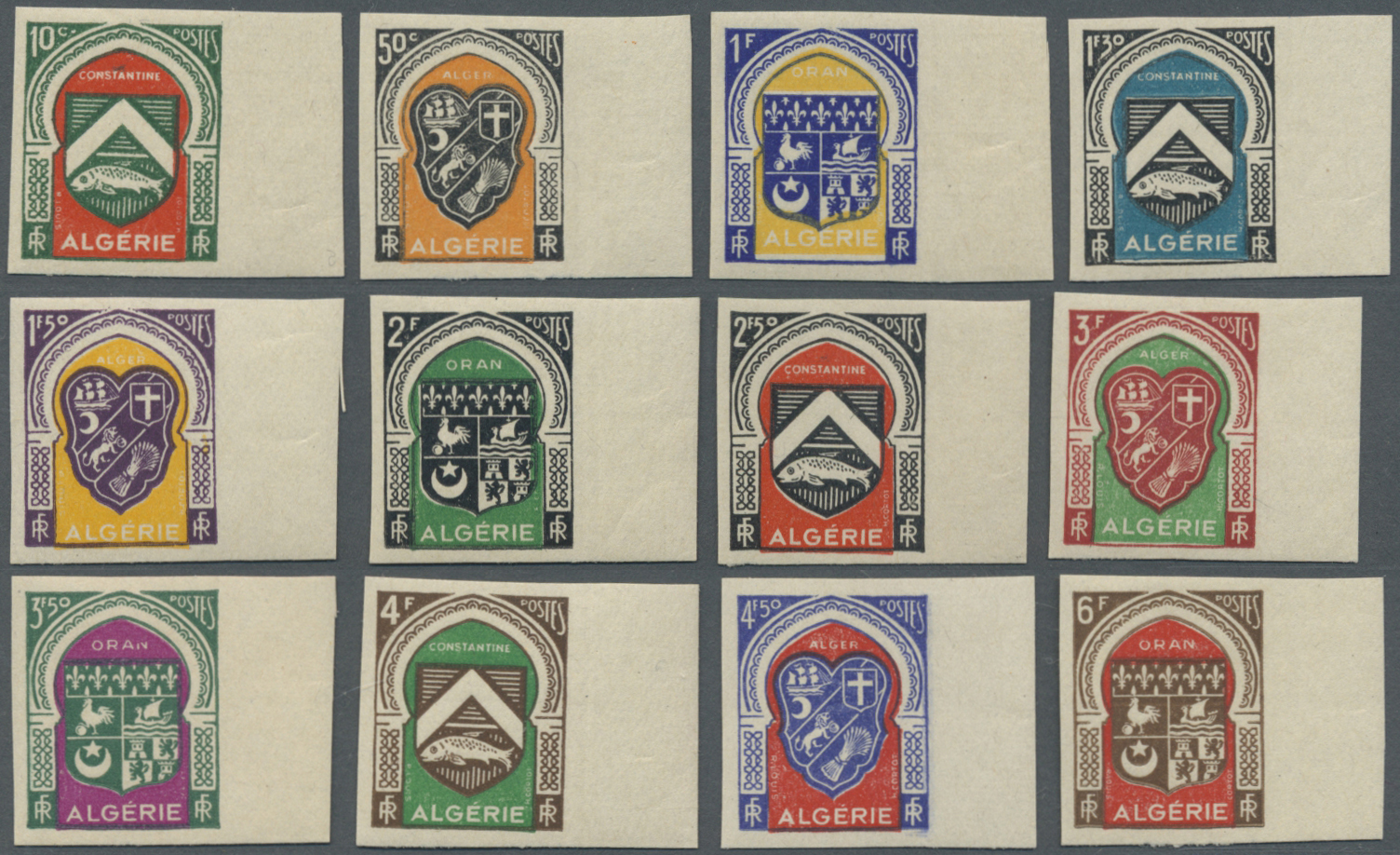 * Algerien: 1947, Coat Of Arms Original Set Of Twelve Different Values All IMPERFORATE From Right Margin, Mint Lightly H - Algeria (1962-...)