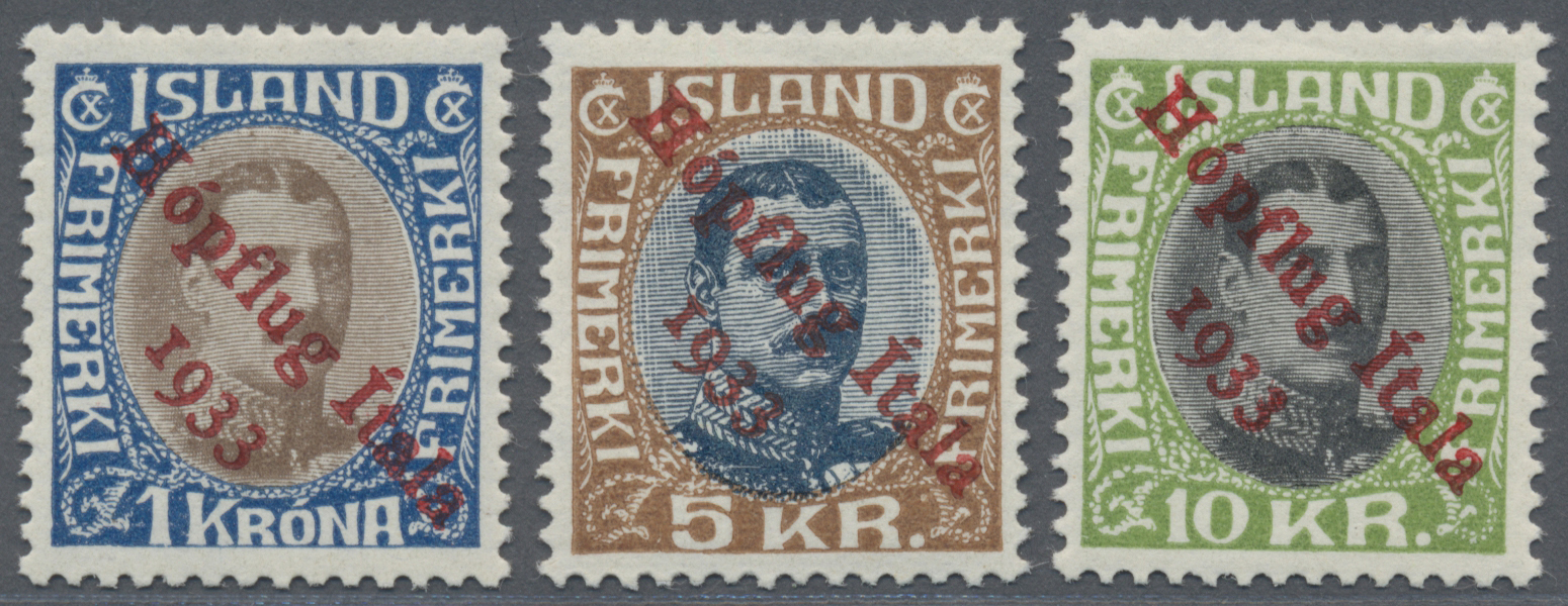 * Island: 1933, Hópflug, Complete Set Of Three Values (1kr. Round Upper Right Corner), Mint O.g. With Hinge Remn - Other & Unclassified
